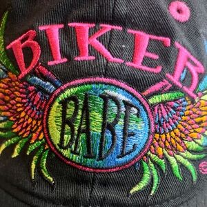 Biker Babe Adult OS Black Cap Colorful Embroidery "I Ride my Own". Adjustable